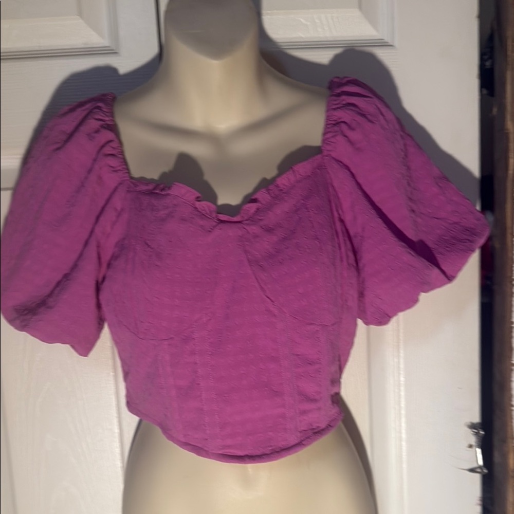 Pink Puff Sleeve Crop Blouse with Ruffles